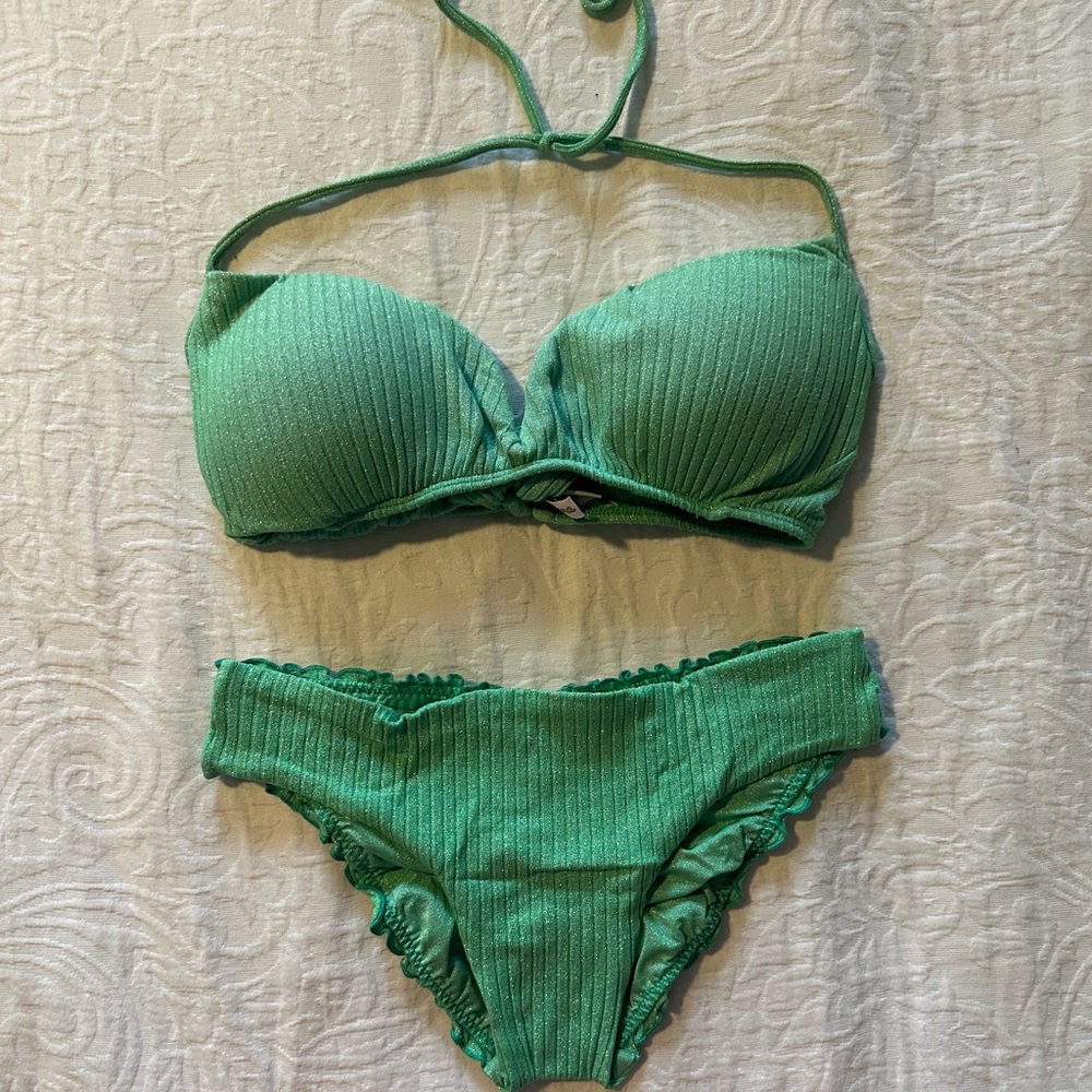 Luli Fama Green Ribbed Bikini Set